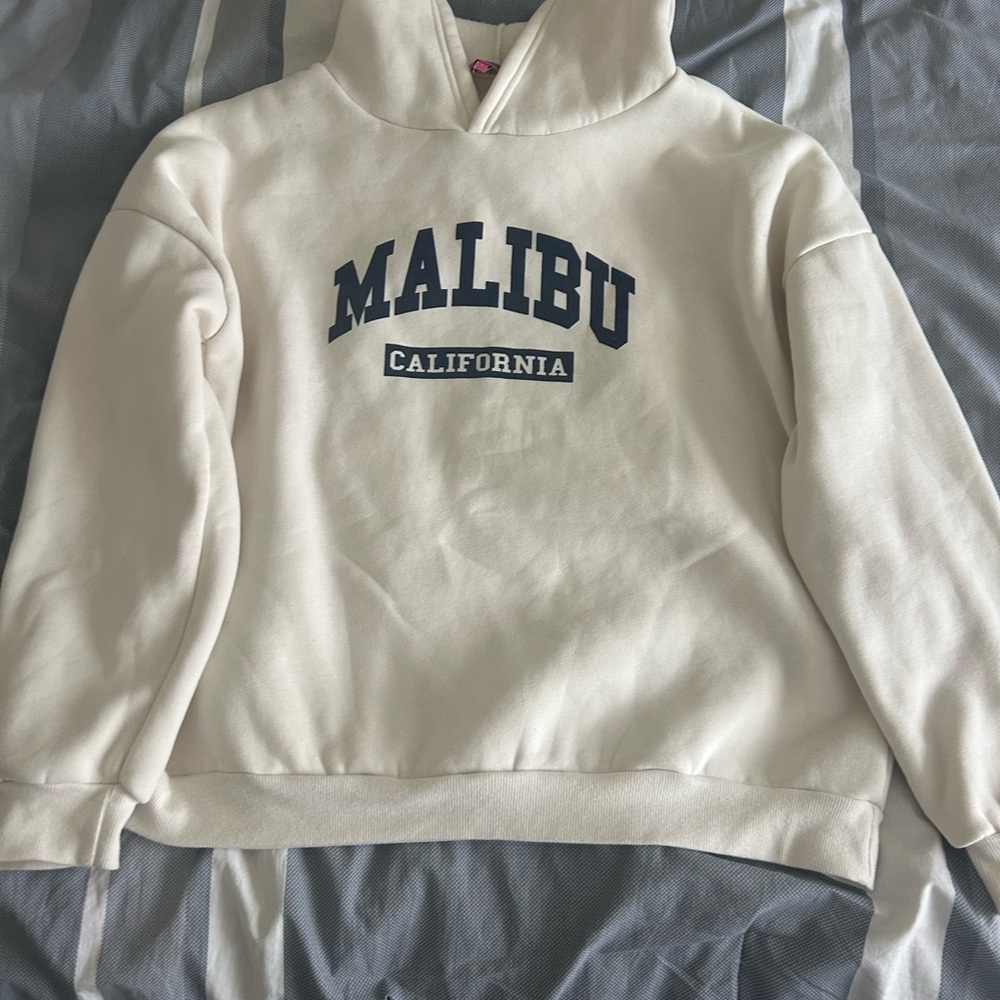 Edikted Cream Boxy Hoodie with Navy Malibu Print